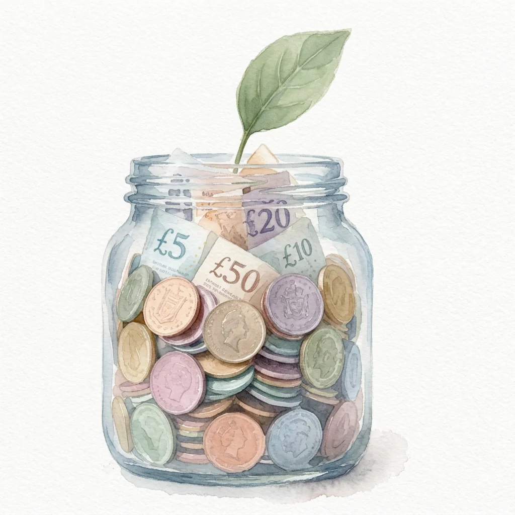 Glass jar filling with coins beside a growing plant